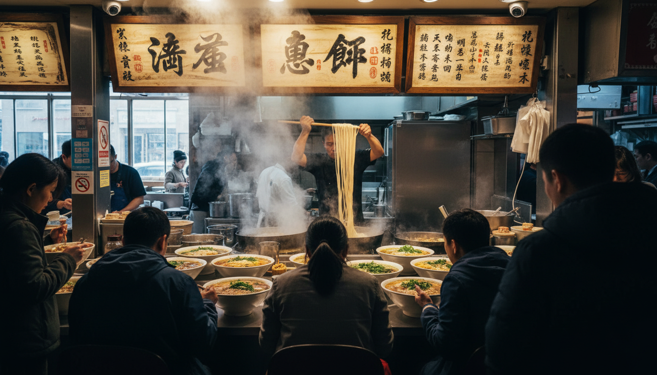 A crowded counter at a Flushing food court with steam rising from hand-pulled noodles, Chinese chara