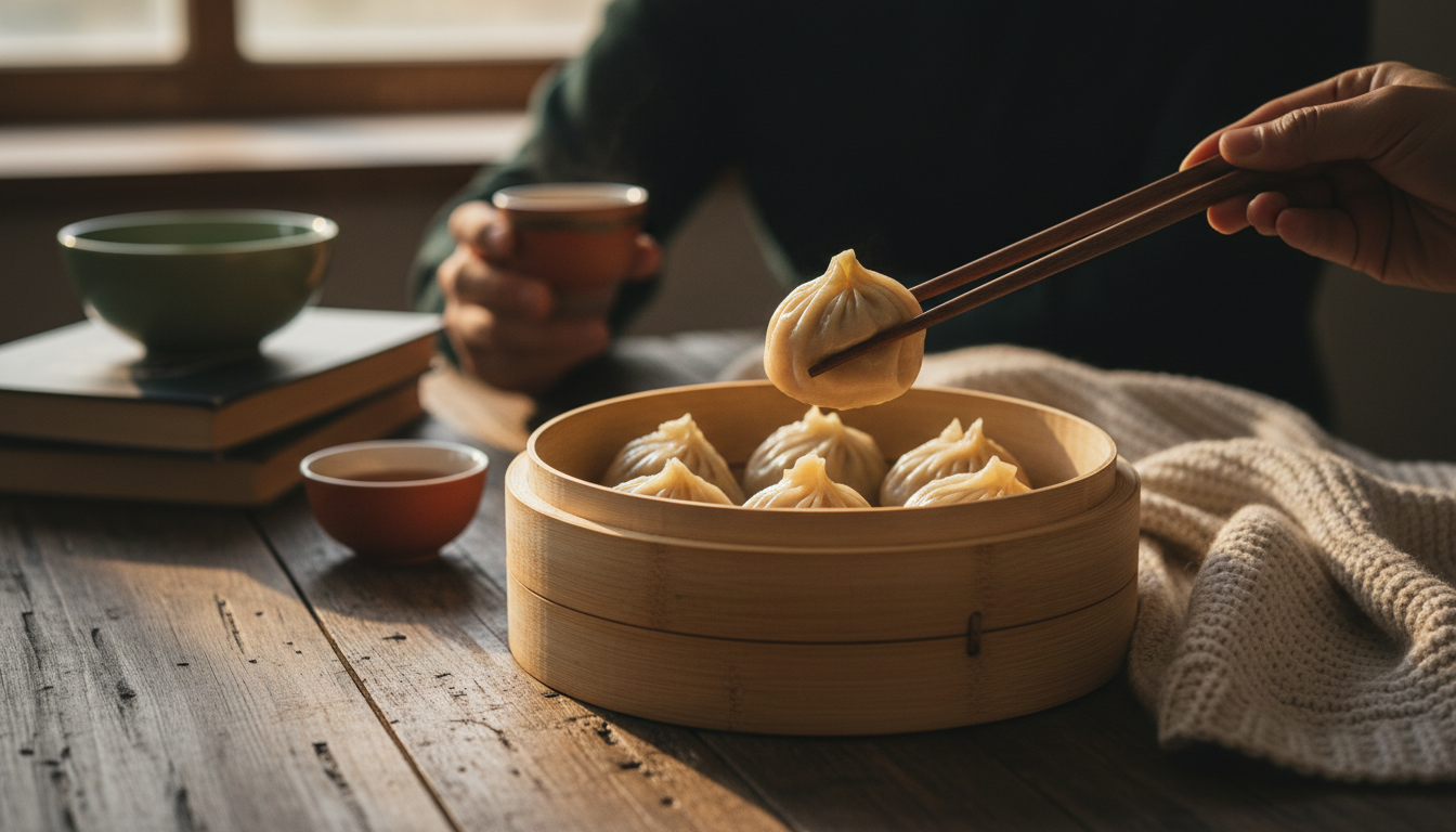A bamboo steamer basket filled with perfectly pleated soup dumplings, chopsticks lifting one to show
