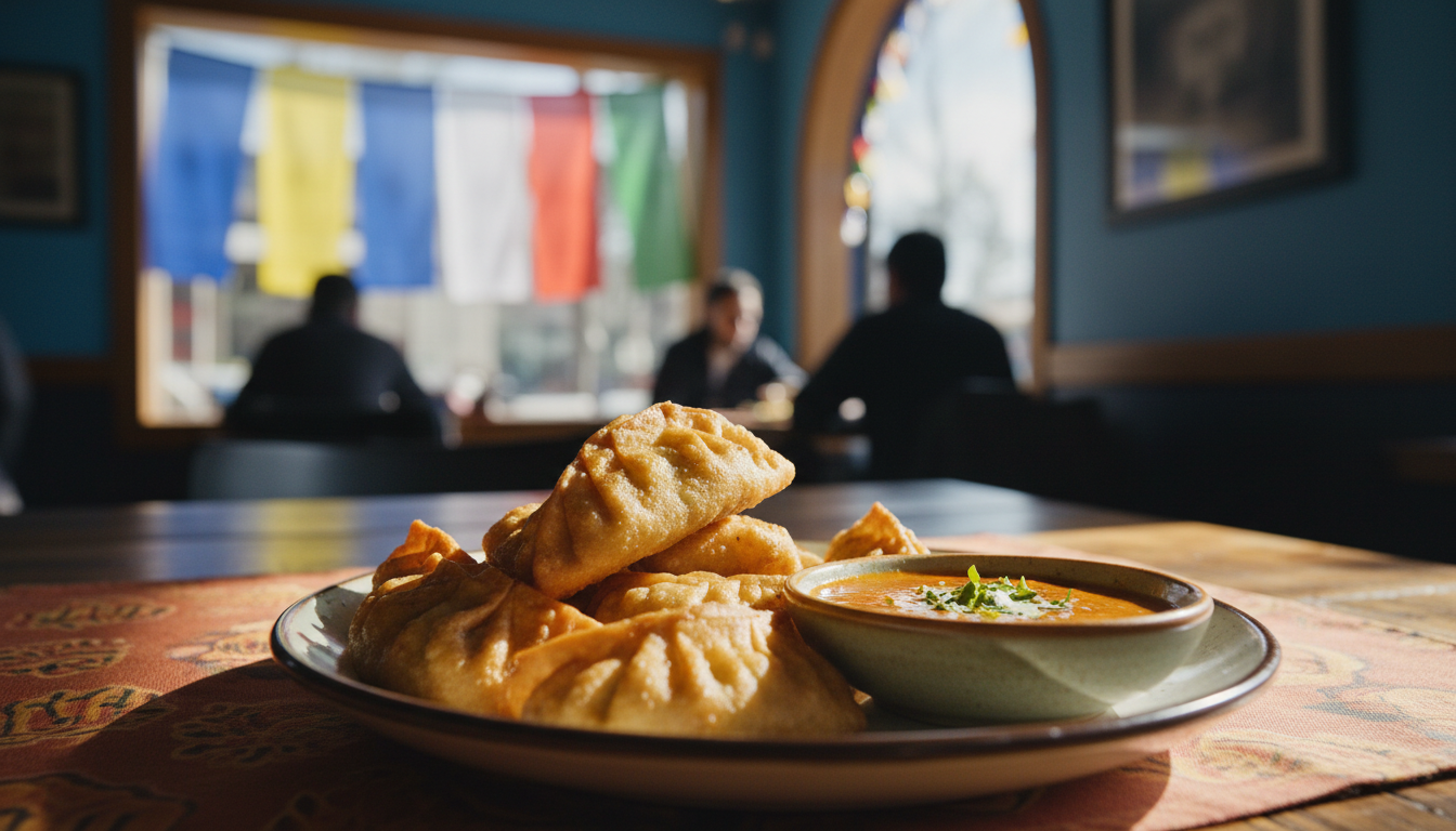 A plate of fried momos with bright orange dipping sauce, Tibetan prayer flags visible in the backgro