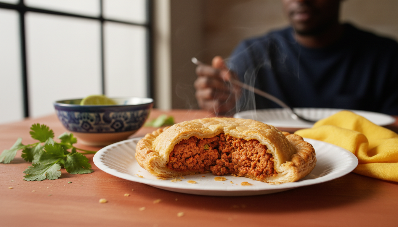 A Jamaican beef patty cut in half showing the seasoned meat filling, golden flaky crust visible, on