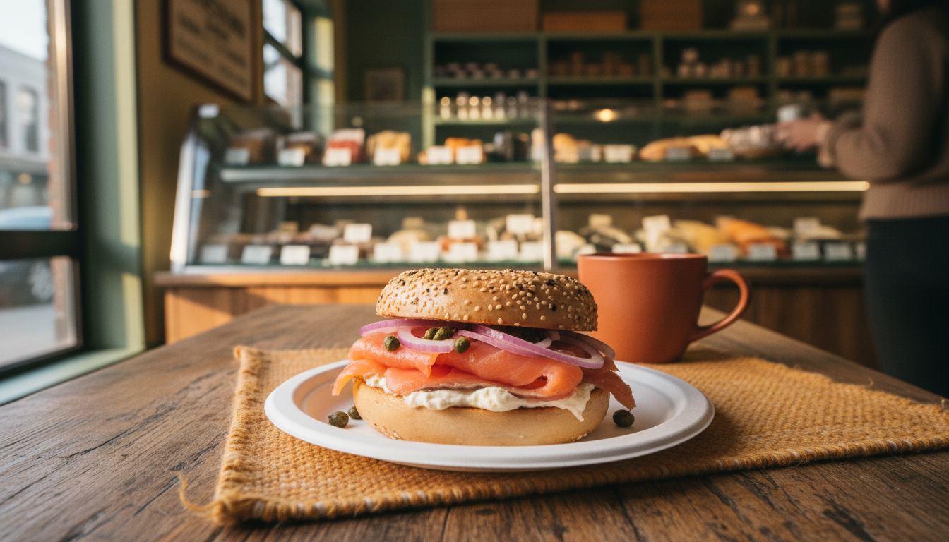 A fresh bagel loaded with lox, cream cheese, capers, and red onion on a paper plate, the Russ  Daugh