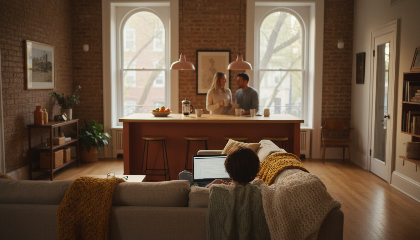A spacious Brooklyn brownstone living room with exposed brick, large windows showing tree-lined stre