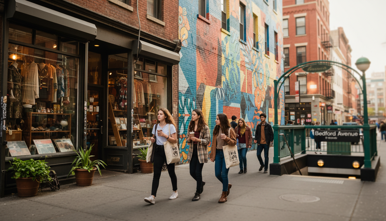 Street scene in Williamsburg, Brooklyn showing vintage shops, street art murals, young people walkin