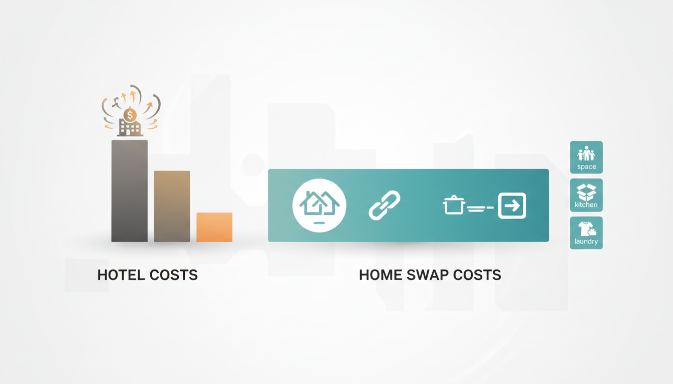 Infographic comparing hotel costs vs home swap costs for 2-week NYC family trip, showing breakdown h