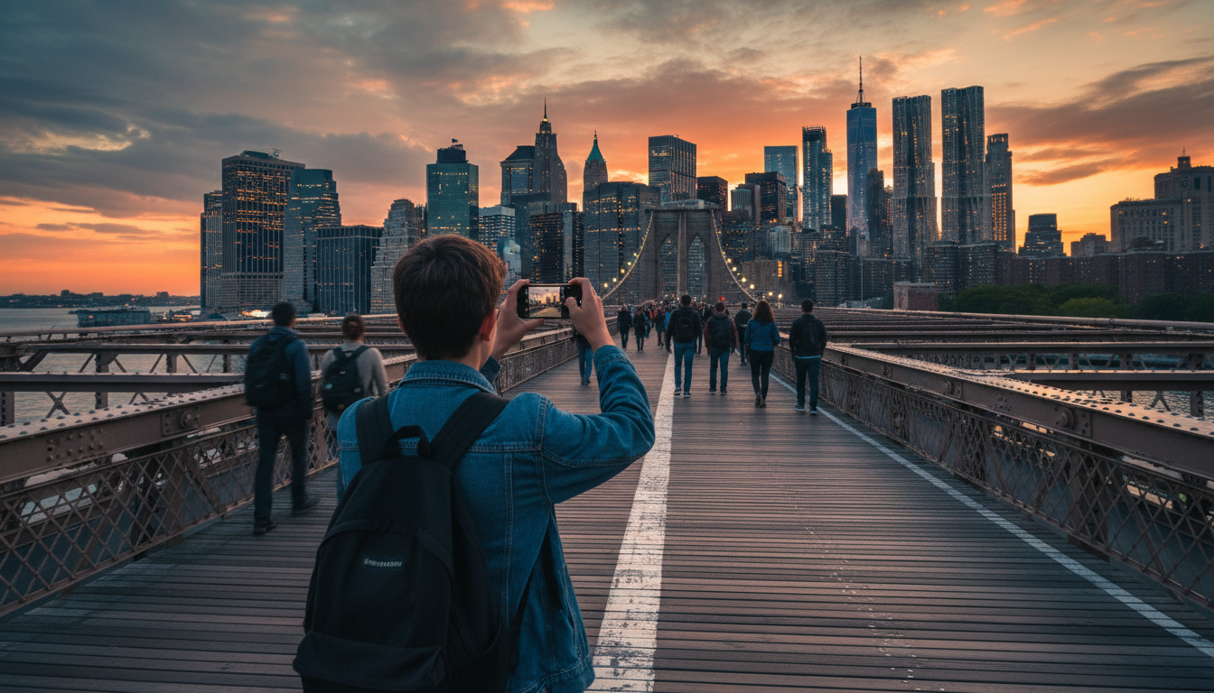 Teenager taking photo of Manhattan skyline from Brooklyn Bridge pedestrian walkway at golden hour, c