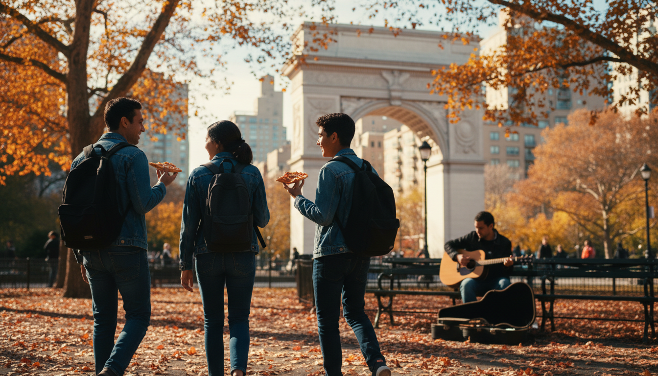 Family eating pizza slices while walking through Washington Square Park, NYU arch visible in backgro