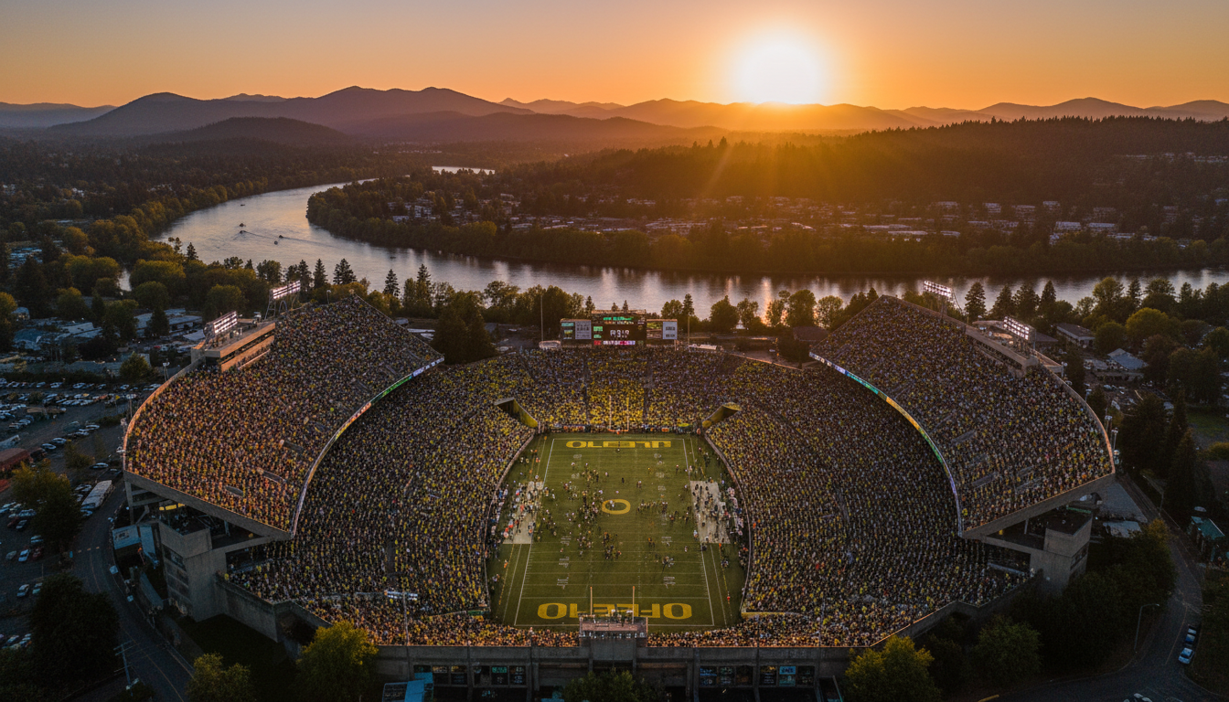 Aerial view of Autzen Stadium packed with fans wearing green and yellow, with the Willamette River a