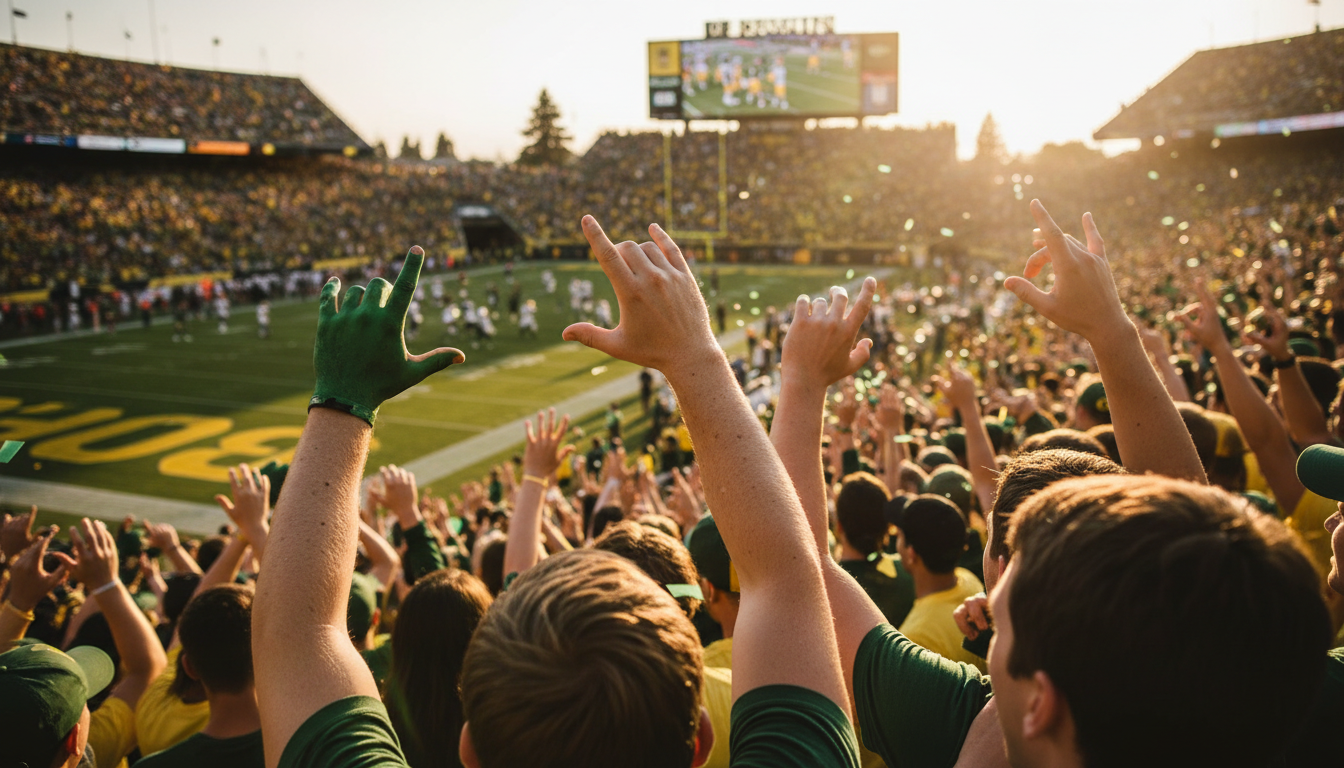 Close-up of passionate Oregon fans in the student section, faces painted green and yellow, screaming