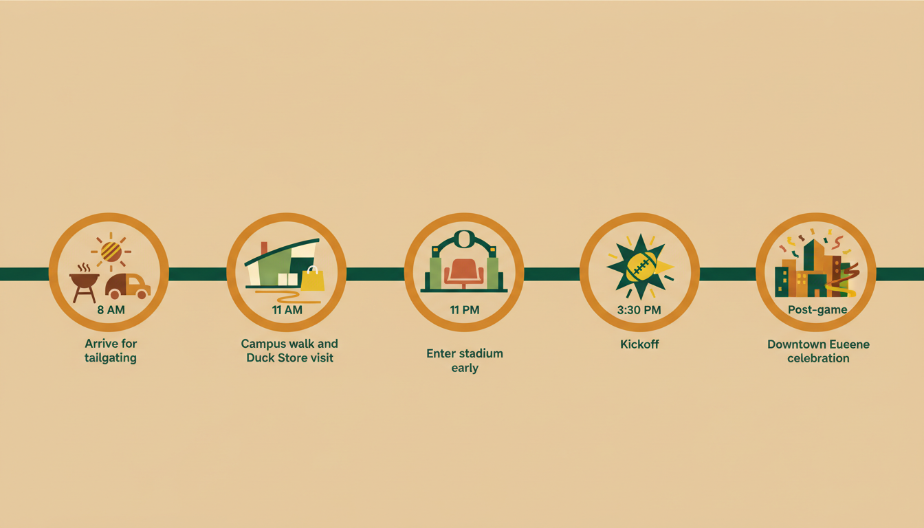 Infographic showing Your Oregon Game Day Timeline with icons representing 8 AM - Arrive for tailgati