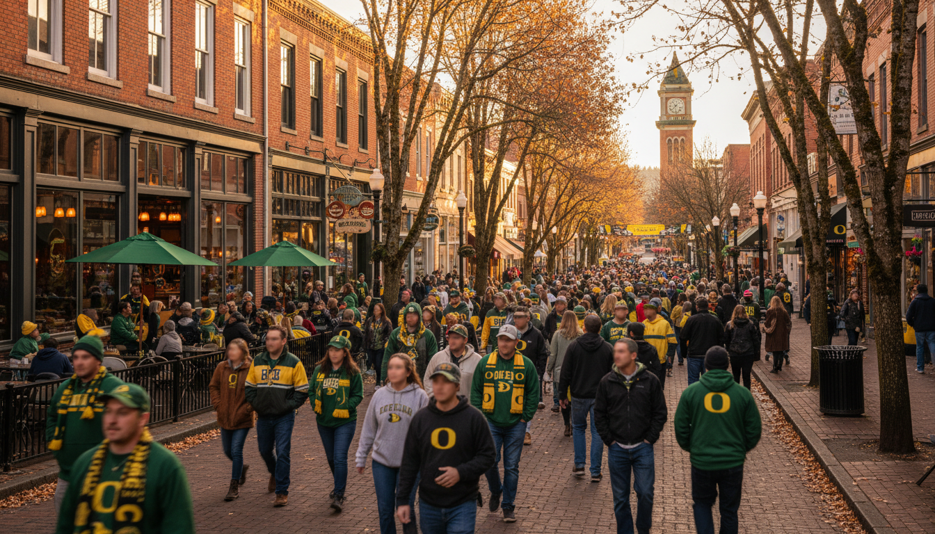 Charming downtown Eugene street scene showing local restaurants, craft breweries, and shops with Ore