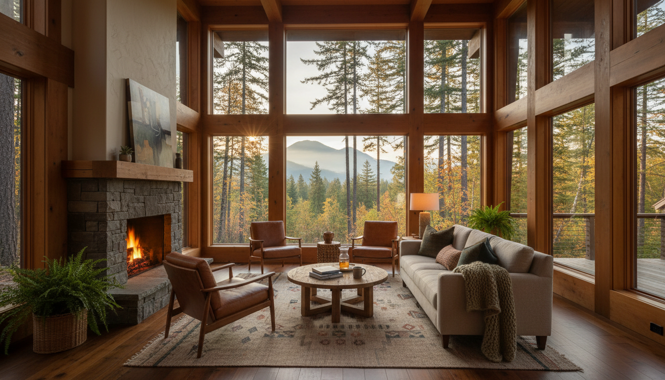 Cozy Pacific Northwest style home interior with large windows, warm wood accents, and views of trees