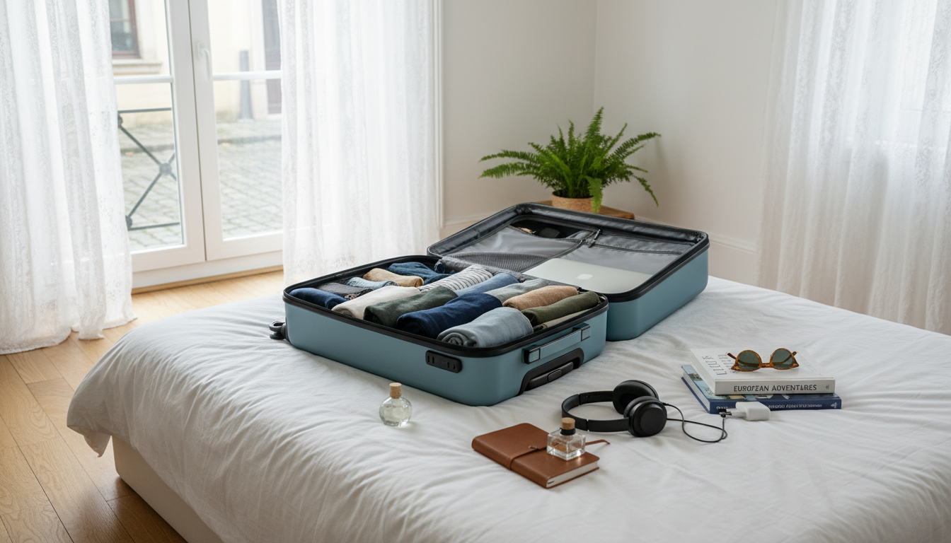 open suitcase on a bed in a bright European apartment, half-packed with neatly rolled clothes, a lap