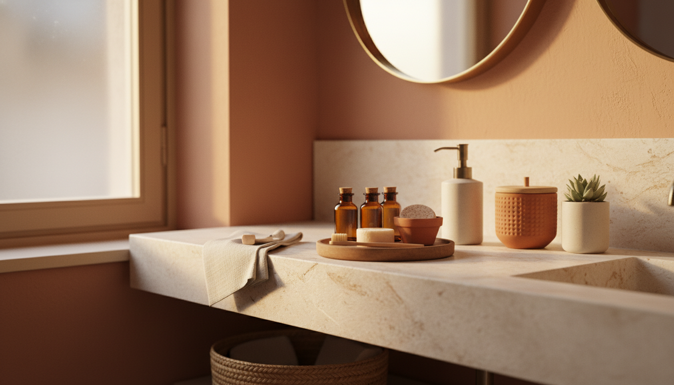 bathroom counter in a stylish European home with neatly arranged travel-size toiletries next to the