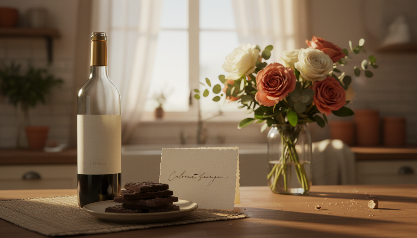 small gift arrangement on a kitchen counter - a bottle of California wine, artisan chocolates, and a
