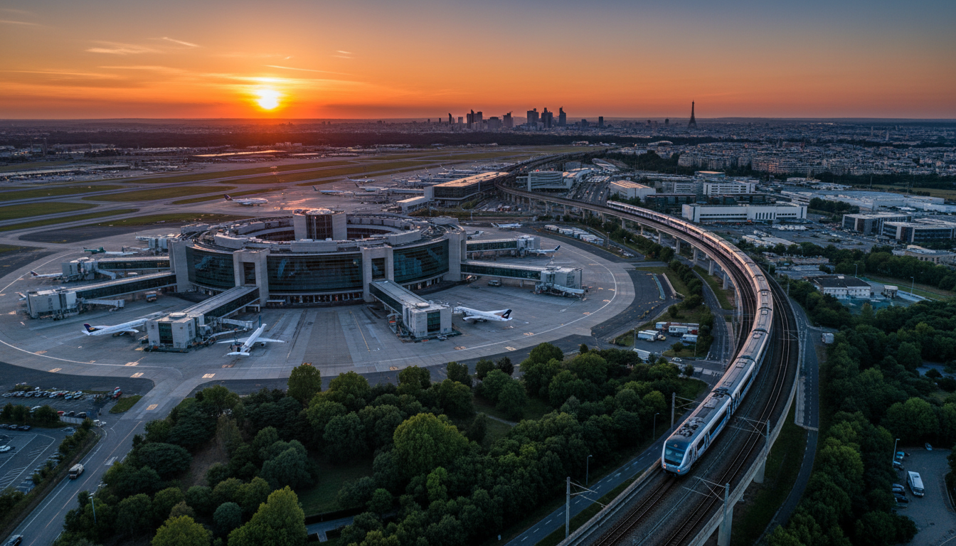 Aerial view of Charles de Gaulle airport with the distinctive circular Terminal 1 and the RER B trai