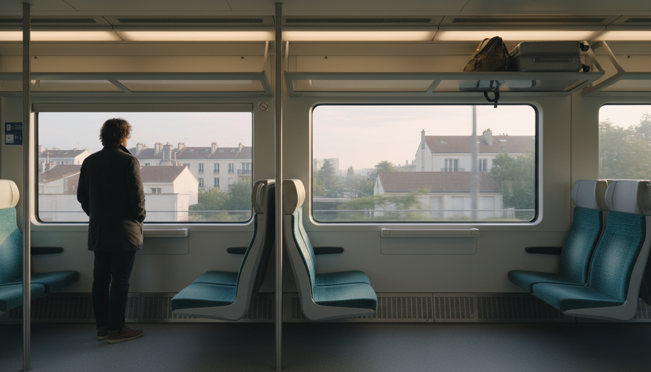 Interior of an RER B train carriage at dawn, mostly empty with a traveler looking out at the Parisia