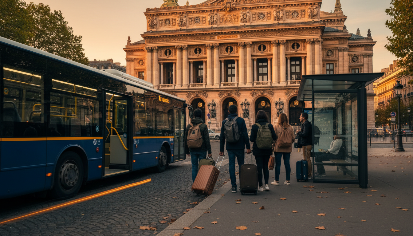 A Roissybus pulling up to the Opra Garnier stop at dusk, the ornate opera house illuminated in the b