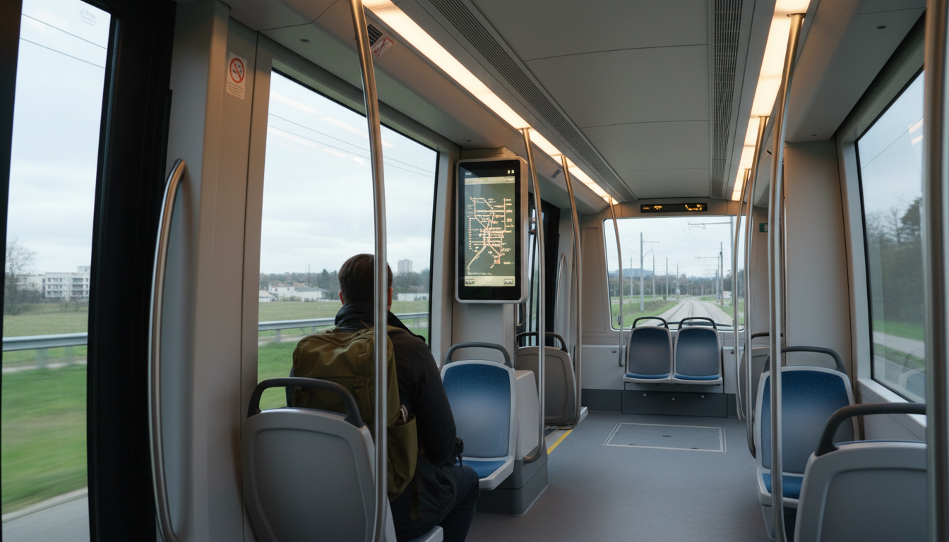 Interior of the modern T7 tramway, bright and clean with large windows showing Parisian suburbs, a t
