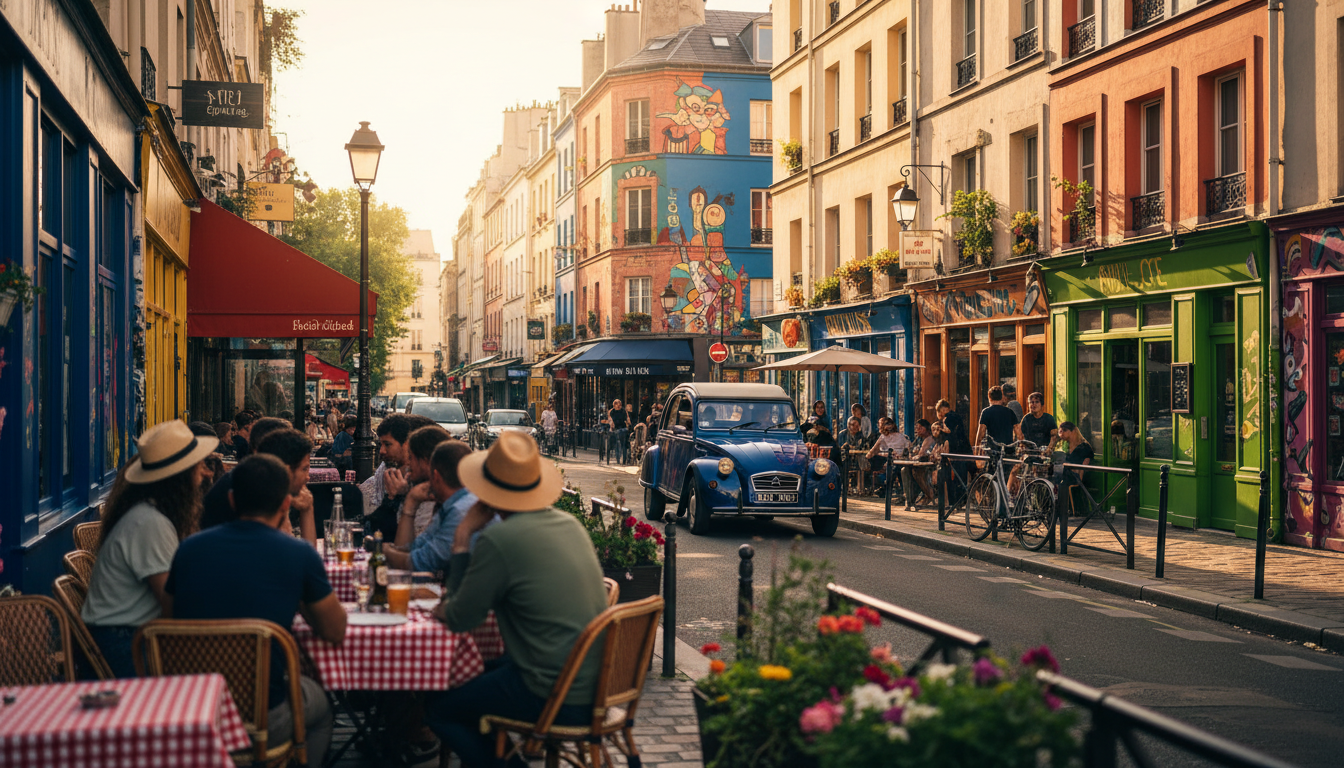 Street scene in Belleville at golden hour, colorful storefronts, street art visible on walls, locals