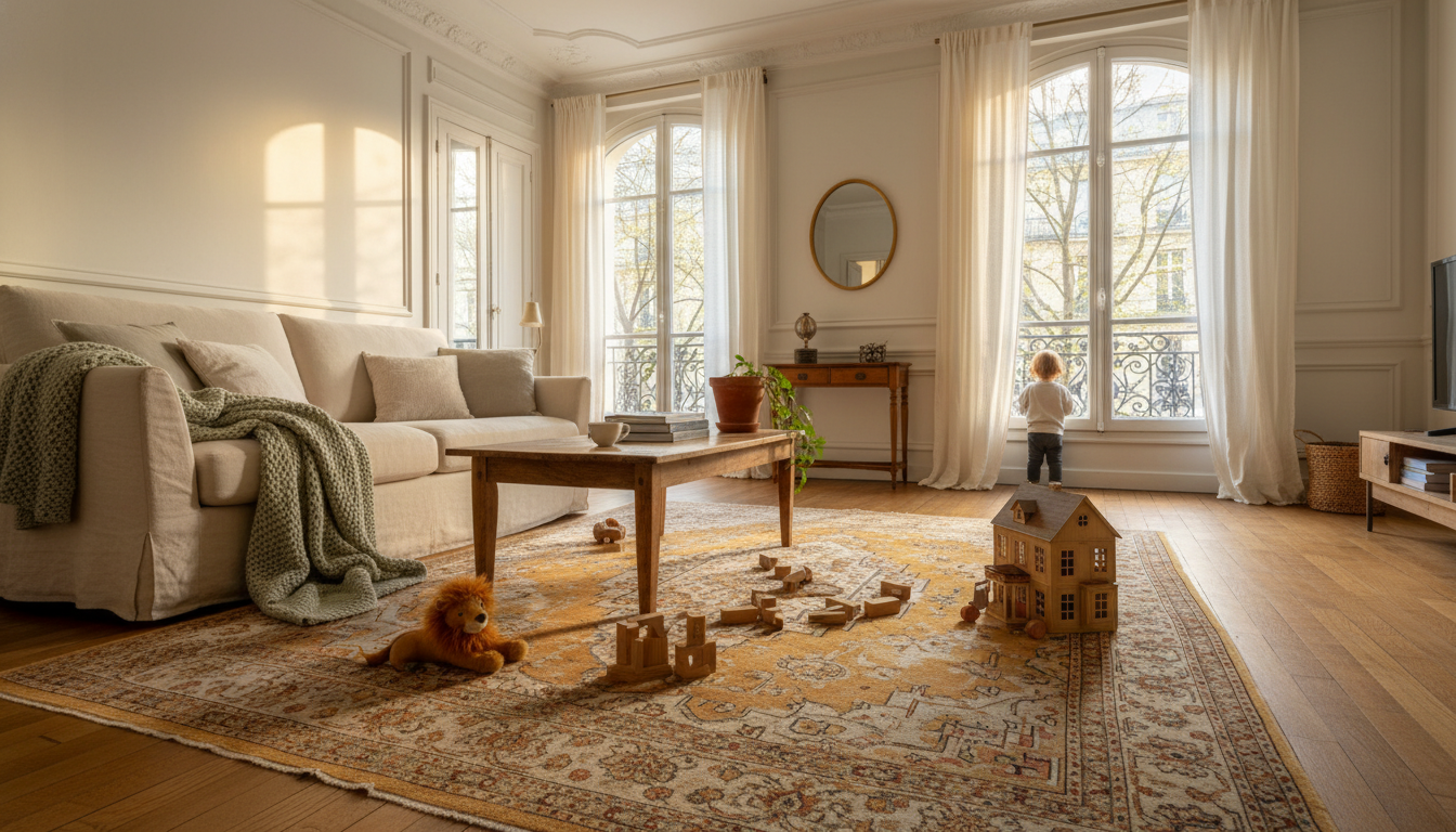 A sun-filled Parisian apartment living room with high ceilings, a childs toys scattered on a vintage