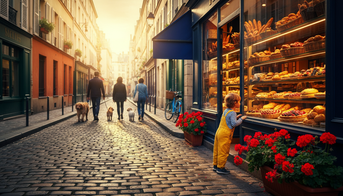 A cobblestone street in the Marais with a small child looking into a bakery window, morning light ca