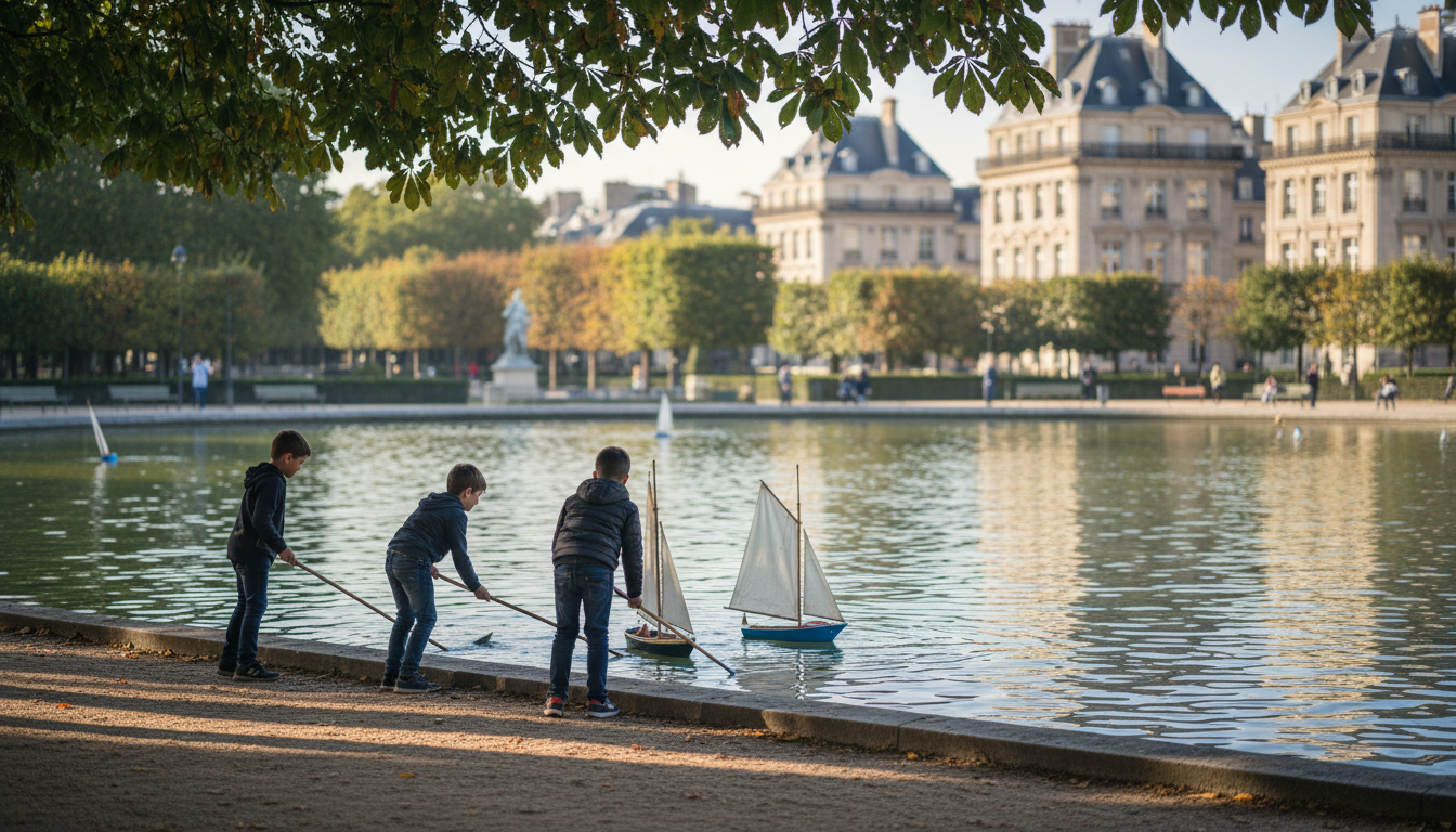 Children pushing wooden sailboats with sticks at the Luxembourg Gardens pond, dappled sunlight throu