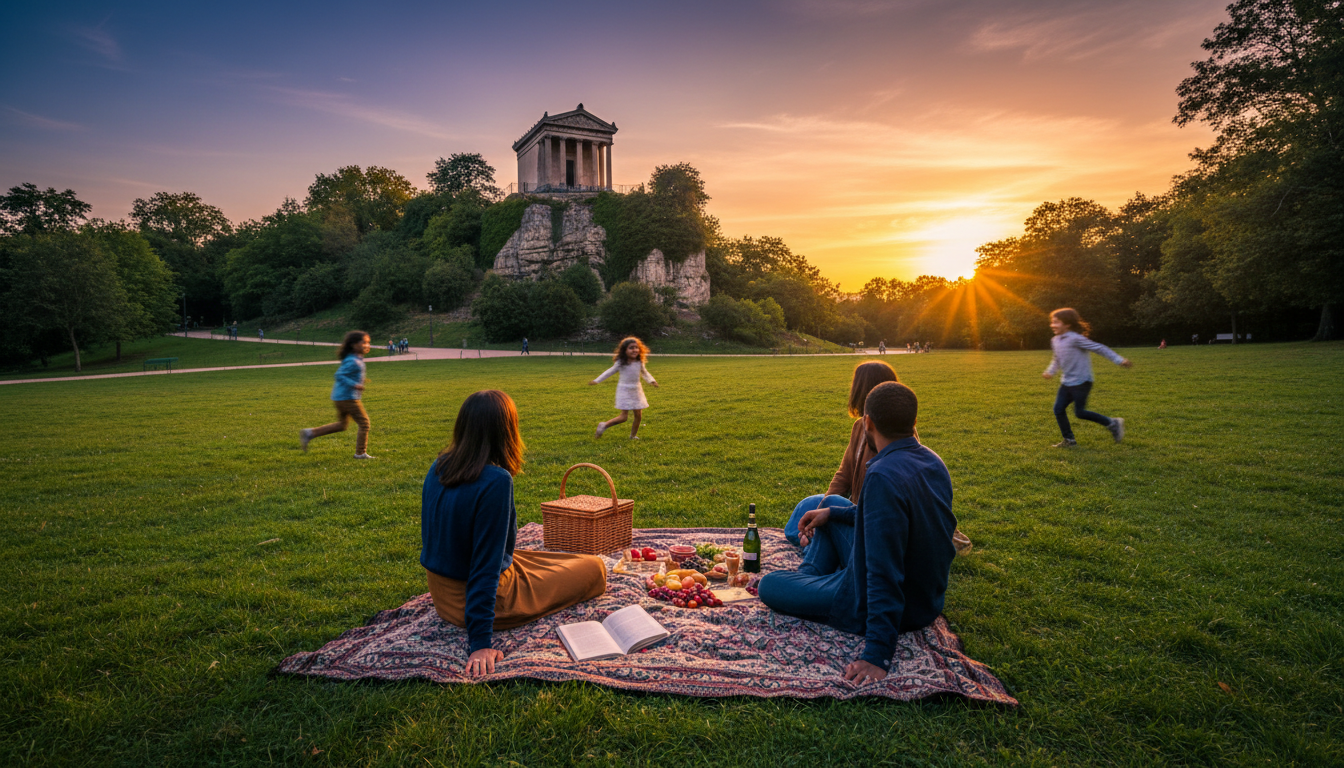 A family having a picnic on the grass in Parc des Buttes-Chaumont, the Temple de la Sibylle visible