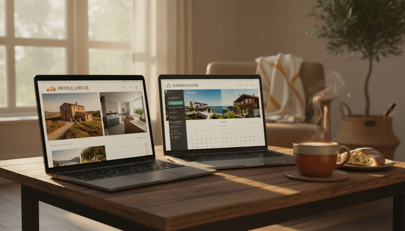 Split-screen showing two laptop screens with home exchange platform interfaces, coffee cup beside th