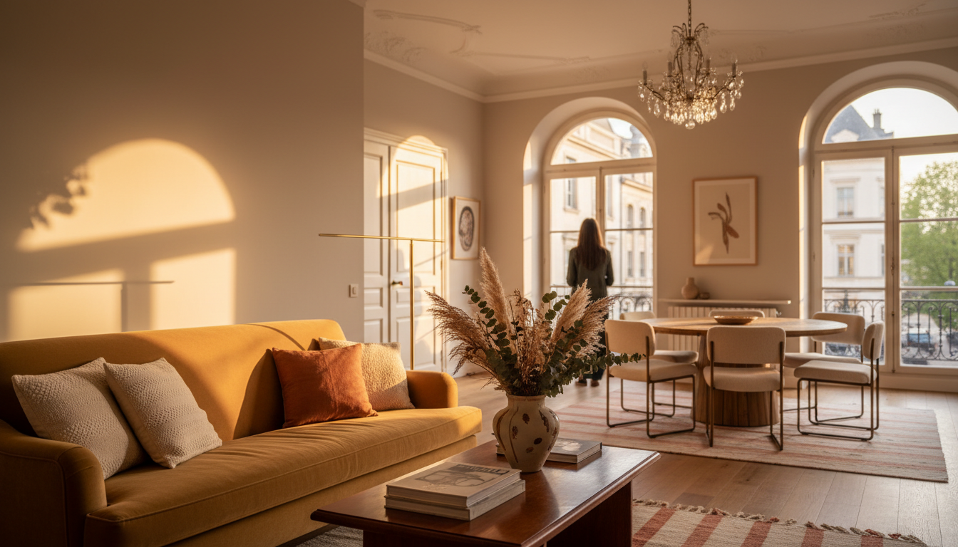 Elegant European apartment interior with high ceilings, antique furniture mixed with modern touches,