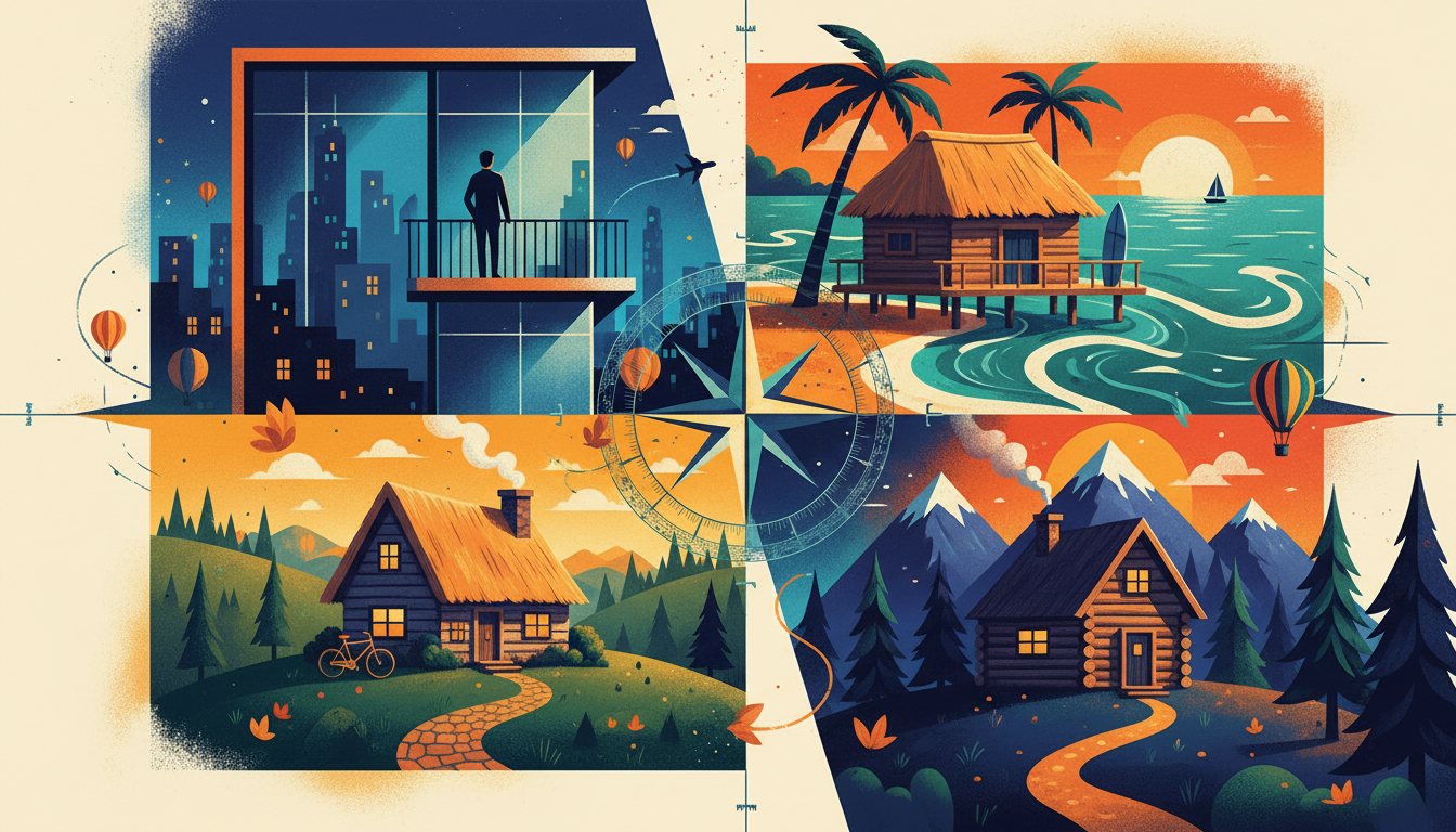 Diverse collage of home typesmodern city apartment, rustic countryside cottage, beachside bungalow,