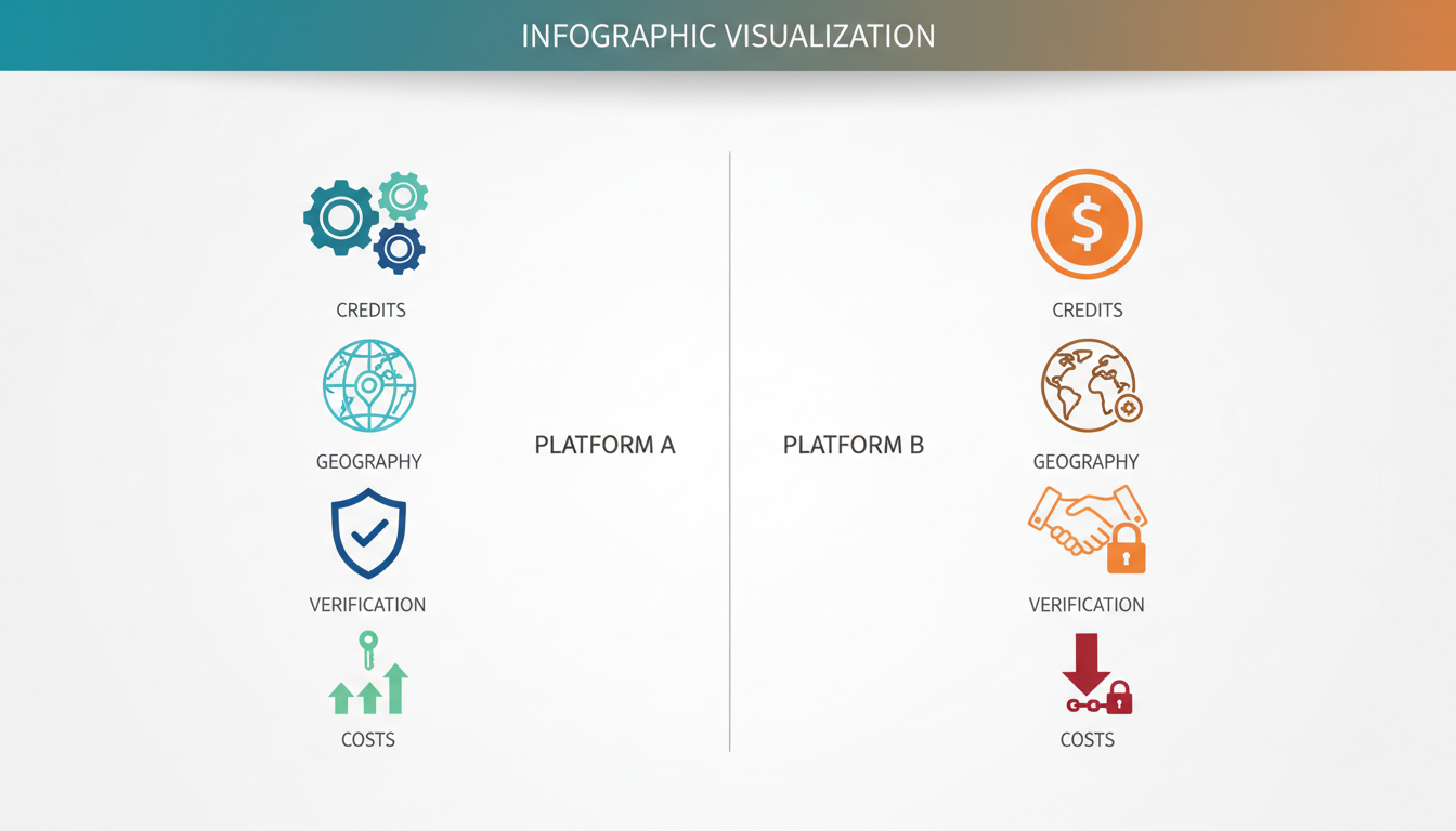 Infographic comparing the two platforms side-by-side, showing icons for credits, geography, verifica