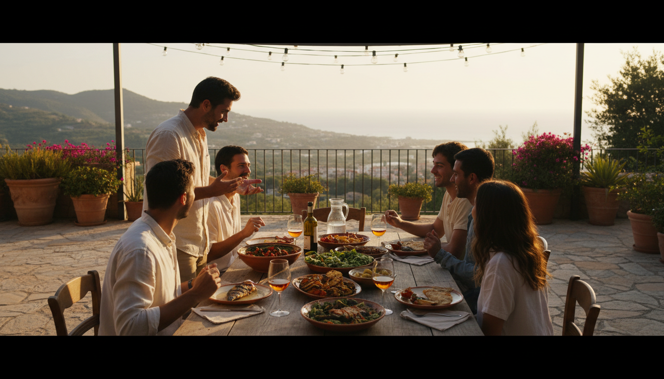 Warm scene of home exchange hosts and guests sharing a meal together on a terrace, diverse group, ev