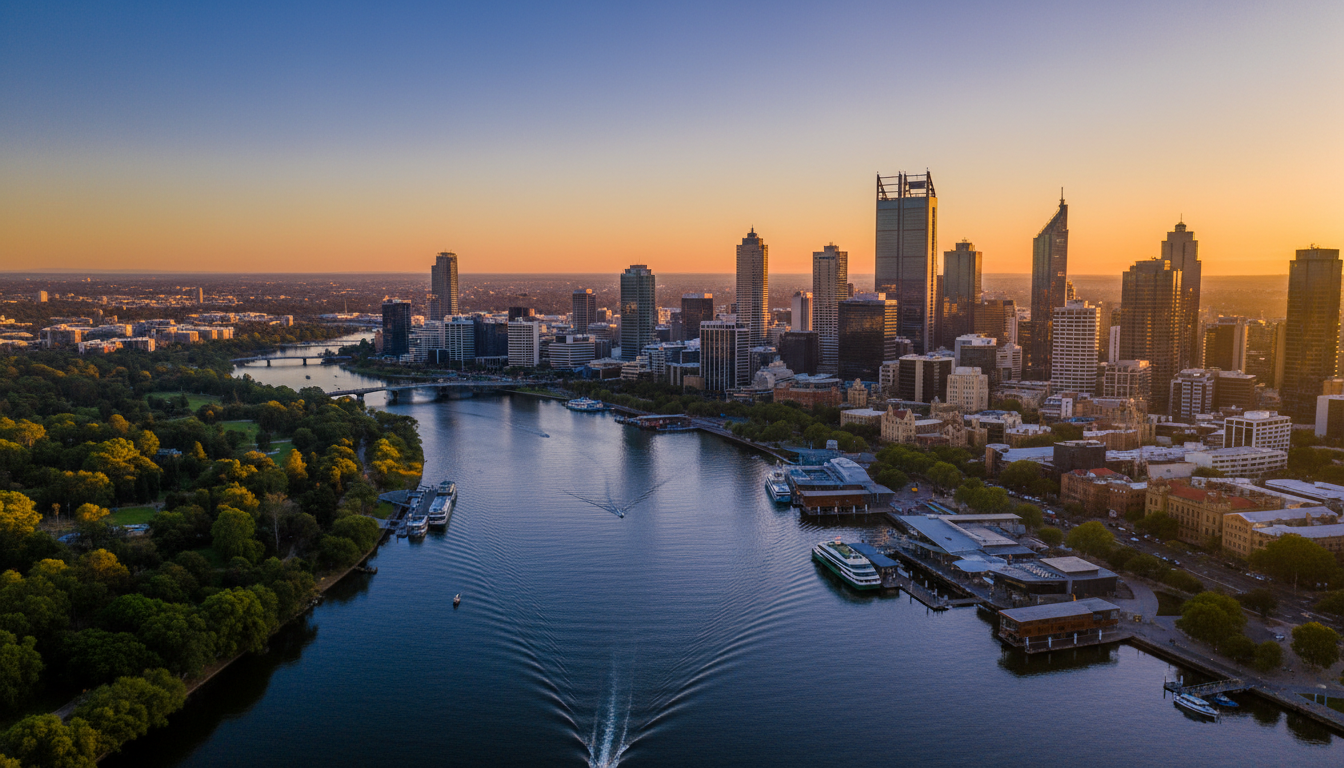 aerial view of Perth CBD with the Swan River curving through, Elizabeth Quay visible with ferries do