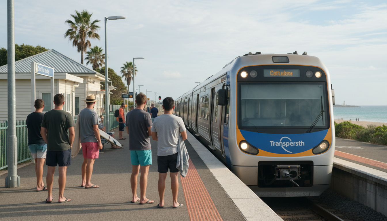 modern Transperth train pulling into Cottesloe station, glimpse of Indian Ocean visible between buil