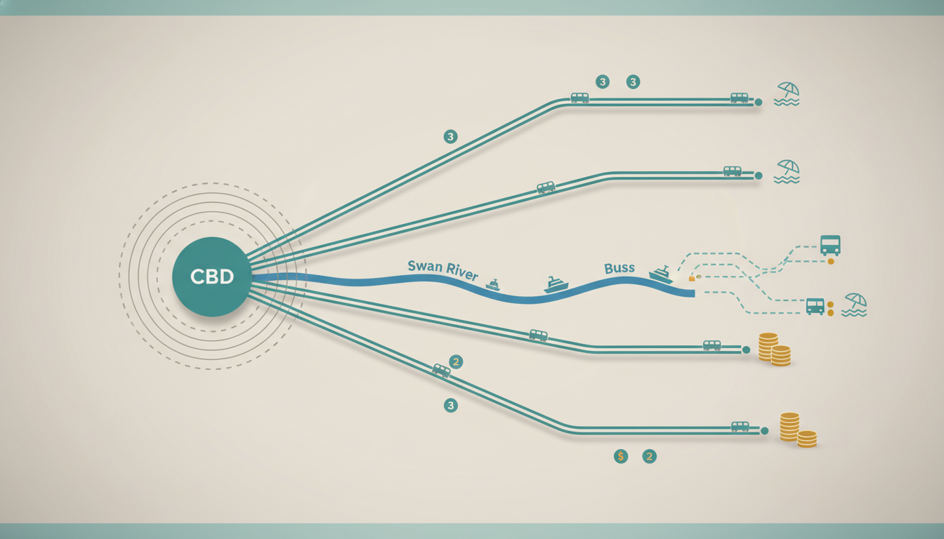 infographic showing Perths main transport routes - train lines radiating from CBD, ferry routes on S