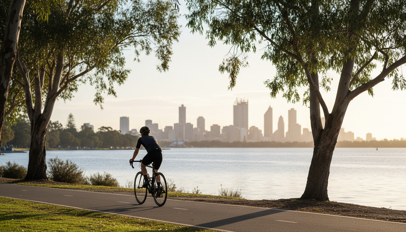 cyclist on the Swan River Trail near Matilda Bay, Perth skyline visible across the water, late after