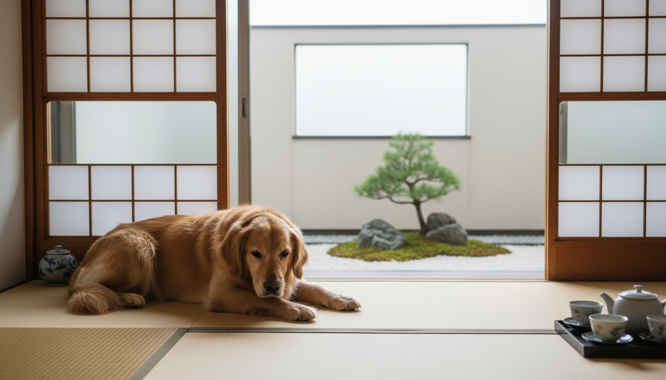 Golden retriever resting on traditional tatami floor in a bright Japanese apartment with sliding sho