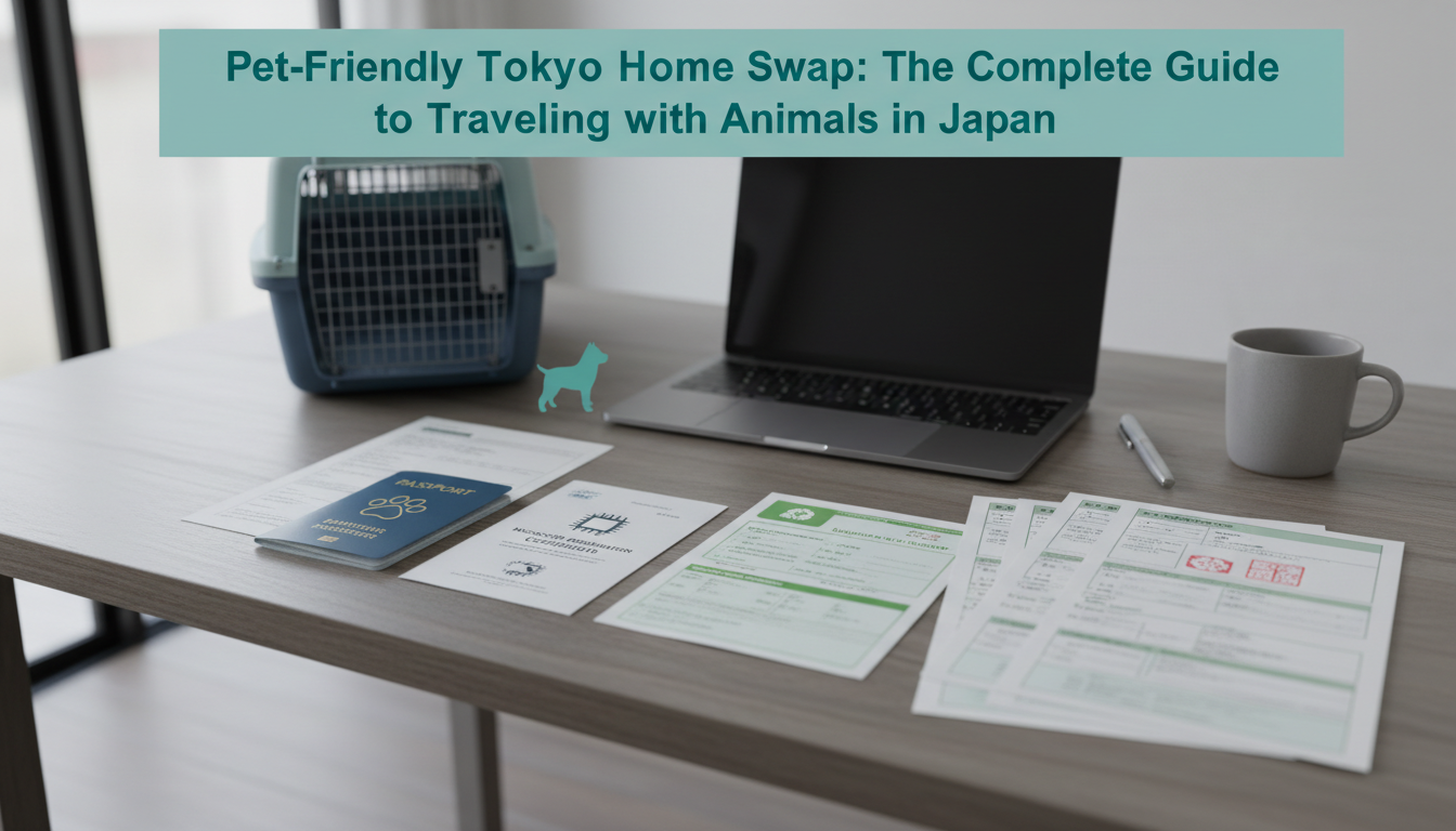 Organized pet travel documents spread on a desk including microchip certificate, rabies vaccination