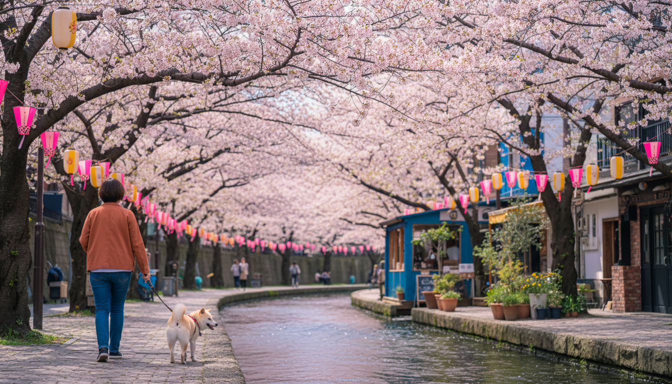 Owner walking a Shiba Inu along the cherry blossom-lined Meguro River path with traditional lanterns