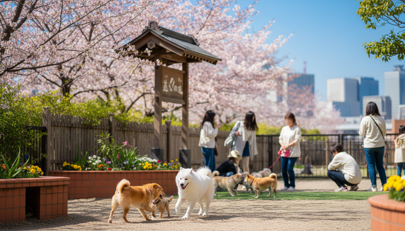 Dogs of various breeds socializing in a well-maintained Tokyo dog run with Japanese signage, cherry