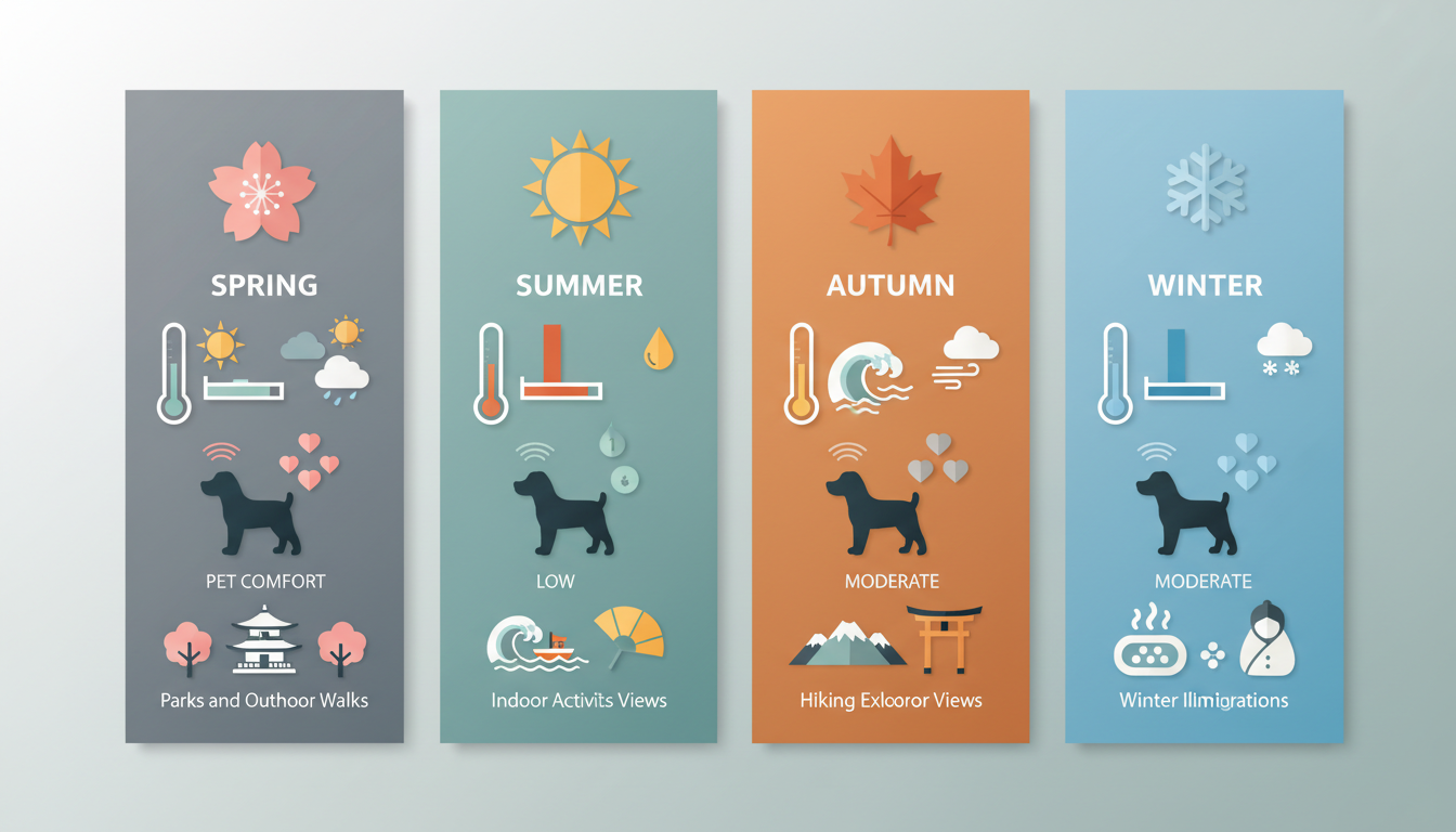 Infographic showing Tokyos four seasons with temperature ranges, pet comfort ratings, and best activ