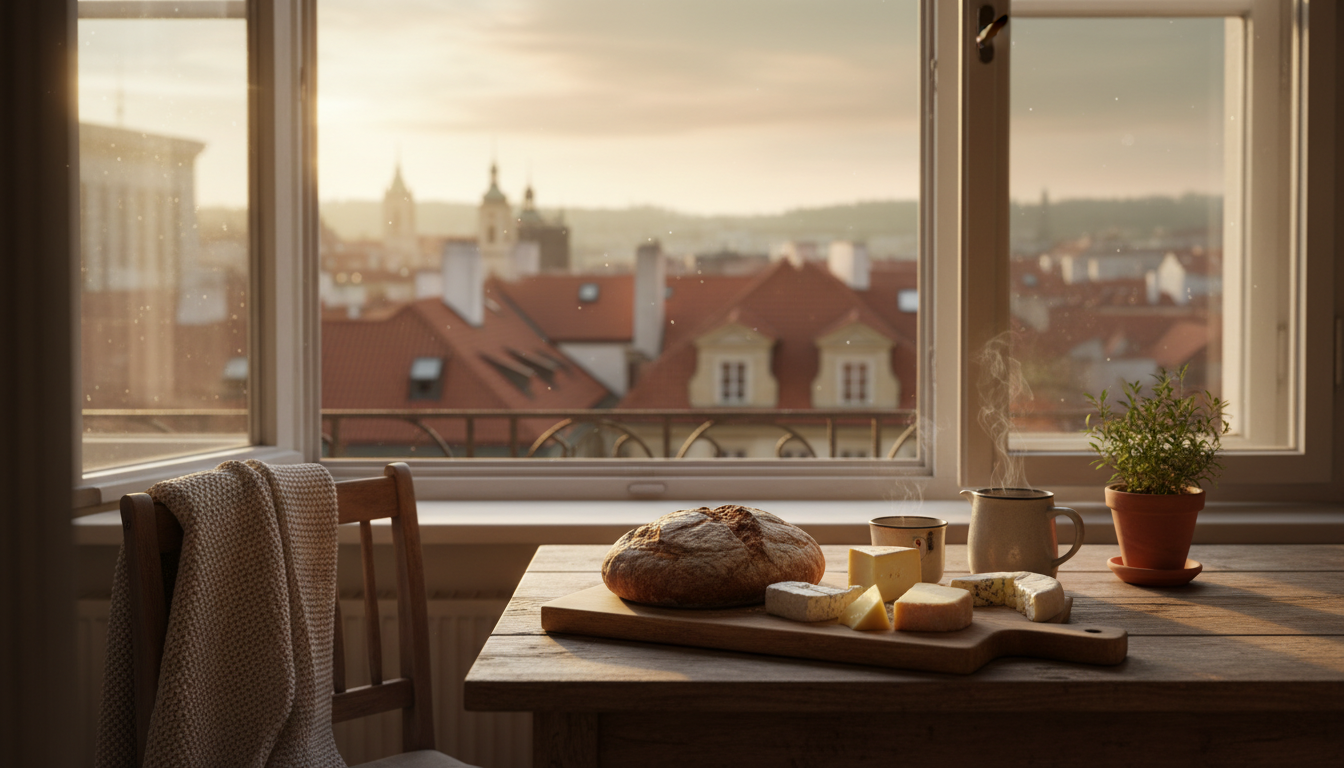 Morning light filtering through a Prague apartment kitchen window, with a wooden cutting board holdi