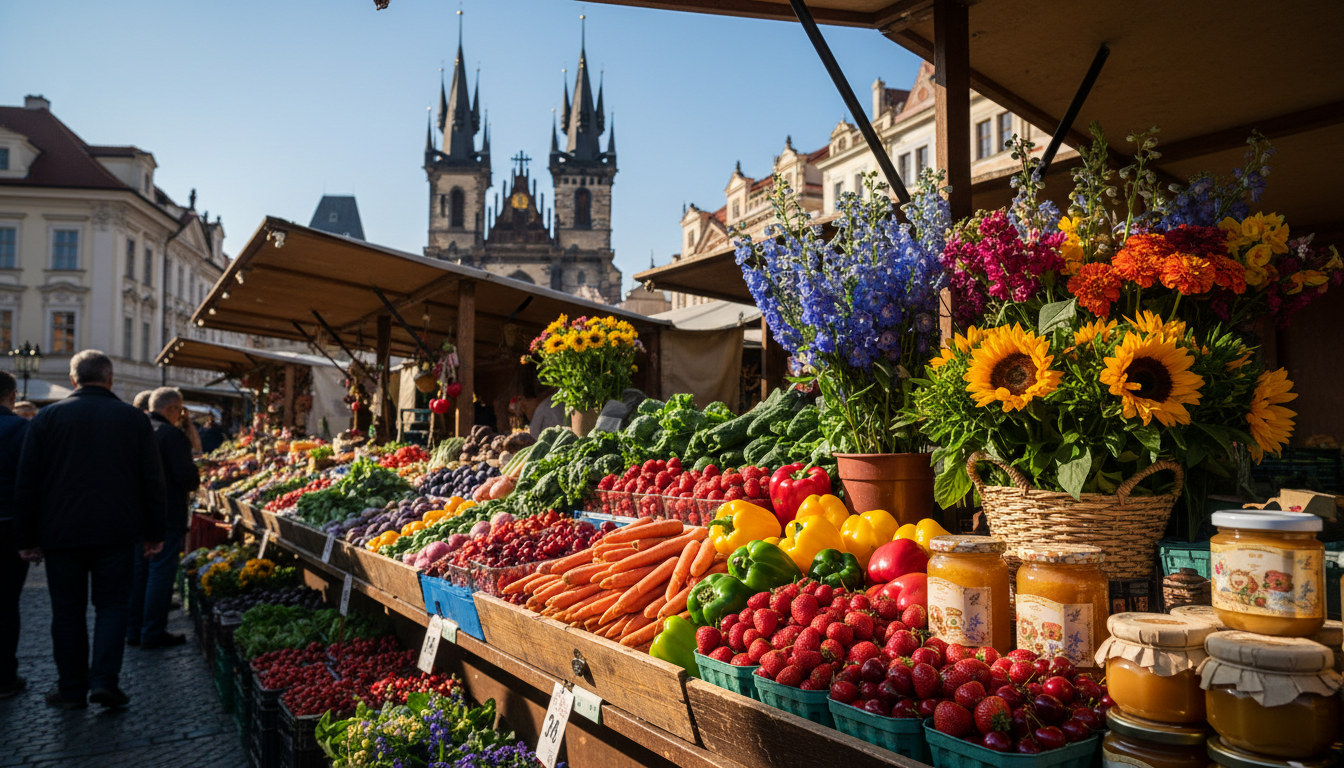 Havelsk Market stalls overflowing with seasonal produce, honey jars, and fresh flowers, with Gothic
