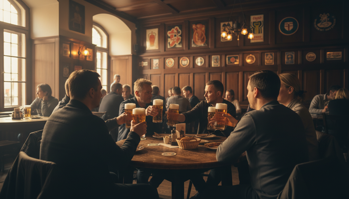 Interior of a traditional Prague hospoda with dark wood paneling, vintage beer signs, and locals gat