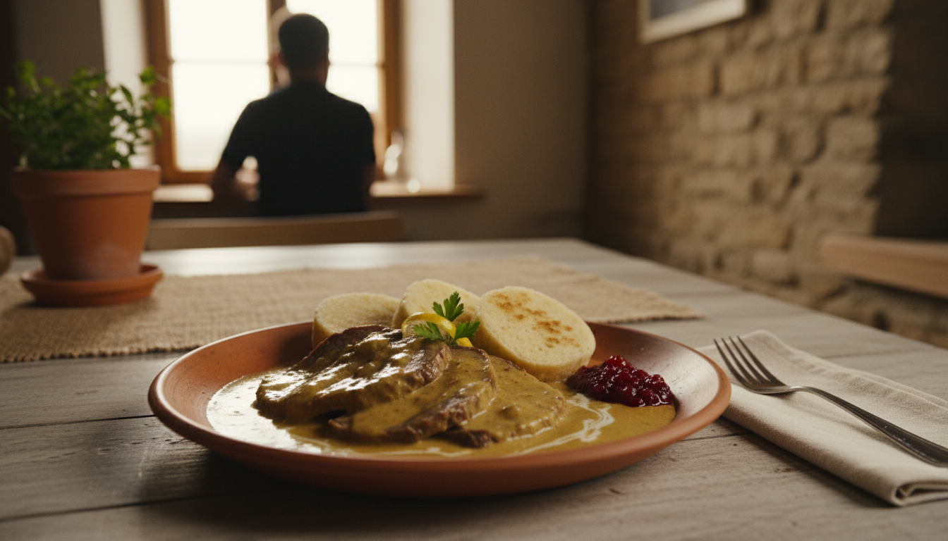 A beautifully plated svkov na smetan with bread dumplings, cranberry compote, and cream sauce swirl,