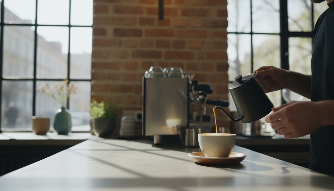 A specialty coffee being poured in a Prague third-wave caf, with exposed brick walls and natural lig