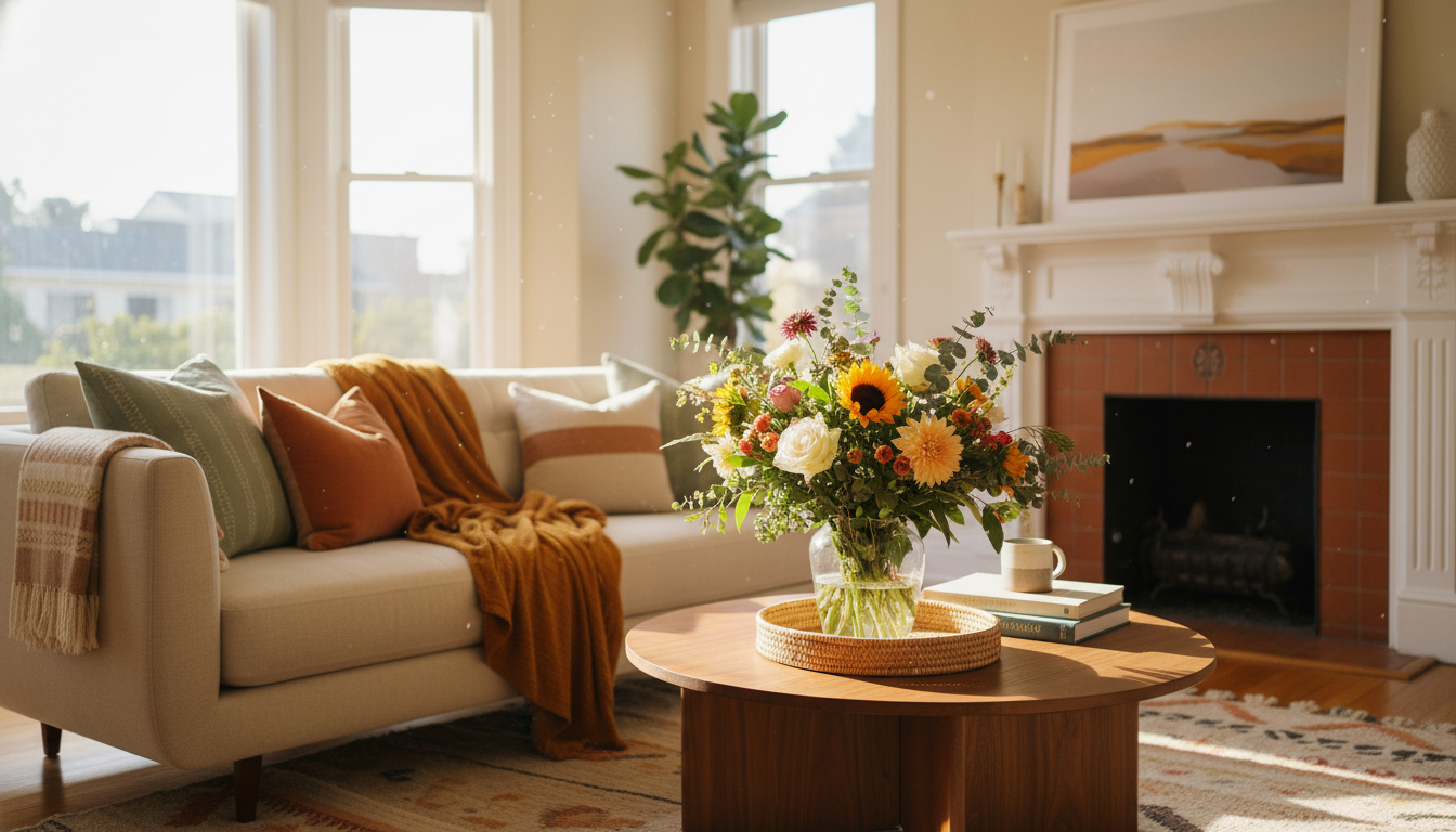 Bright, welcoming living room with fresh flowers on a coffee table, plush throw blankets on a mid-ce