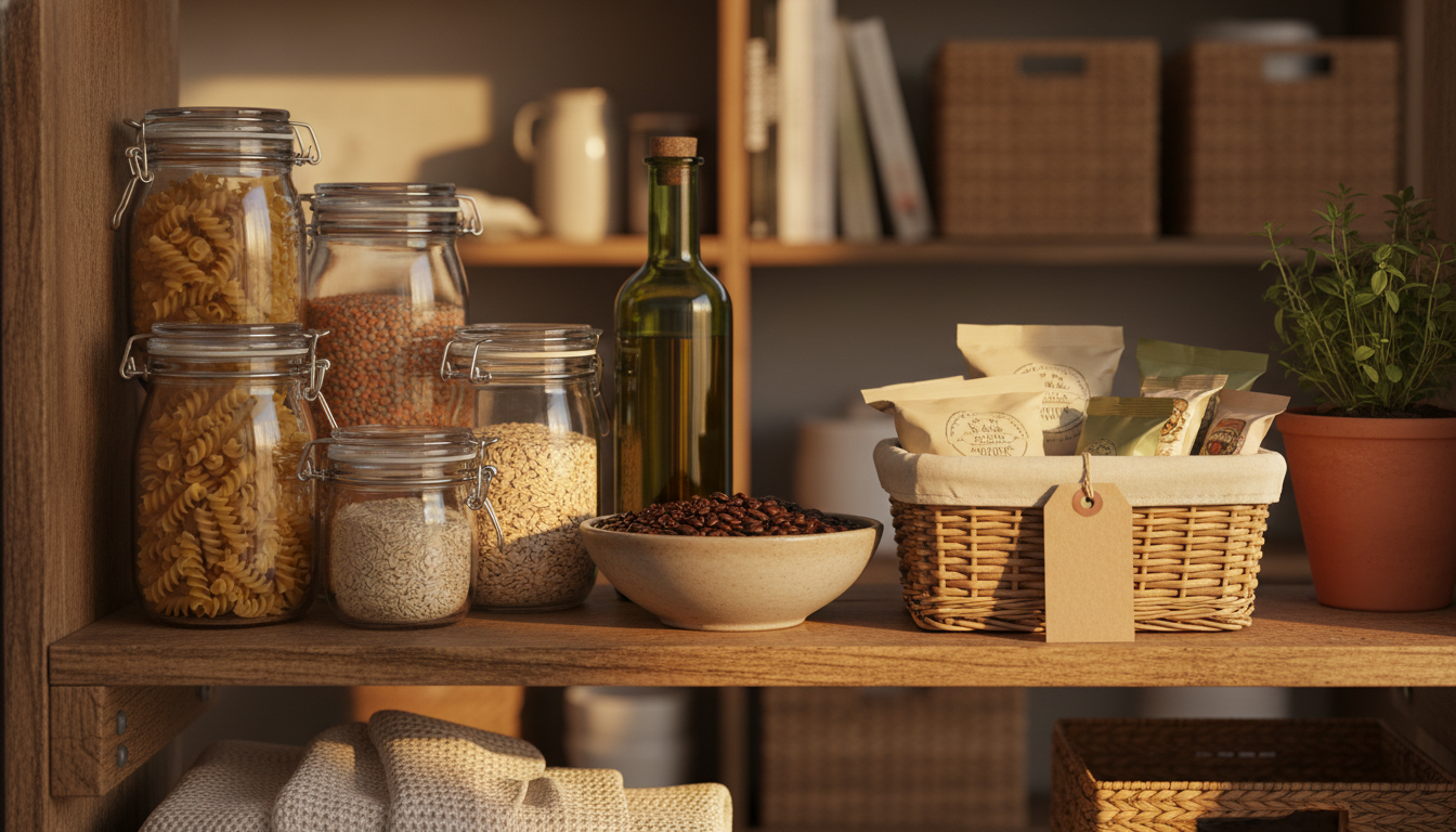 Organized kitchen pantry shelf with labeled jars, olive oil, coffee beans, and a small wicker basket