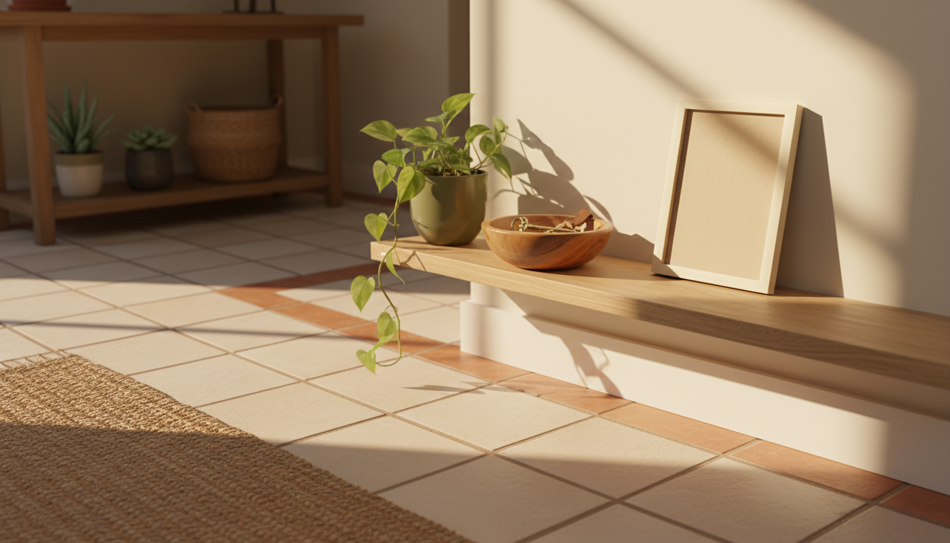 Bright entryway with a small wooden bowl containing house keys, a potted plant, and a framed welcome
