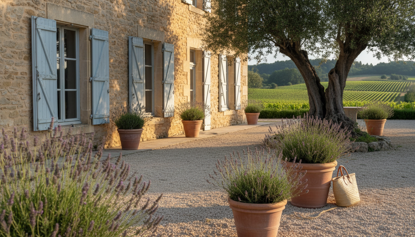 weathered blue shutters on a honey-colored stone farmhouse in Provence, morning light casting long s